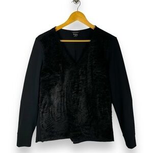 4 for $40 SALE! Club Monaco Faux Fur V Neck Long Sleeve Knit Top, Black, Size L